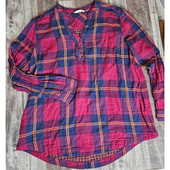 Soft Surroundings Ellesmere Double Flannel Long Sleeve Button Medium Crochet Top - Picture 14 of 14